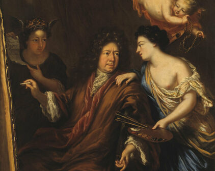 1600-talsportätt föreställande en man i lockig peruk omgiven av allegoriska figurer.