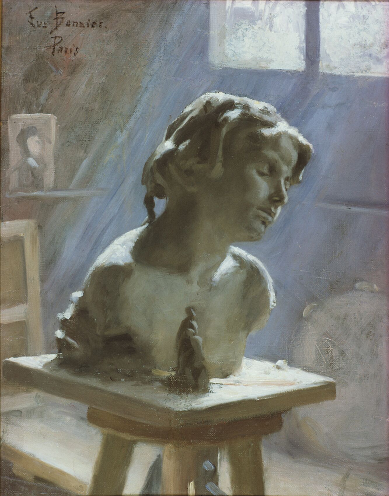 Painting portraying a studio. In the foreground is a bust in clay on display.