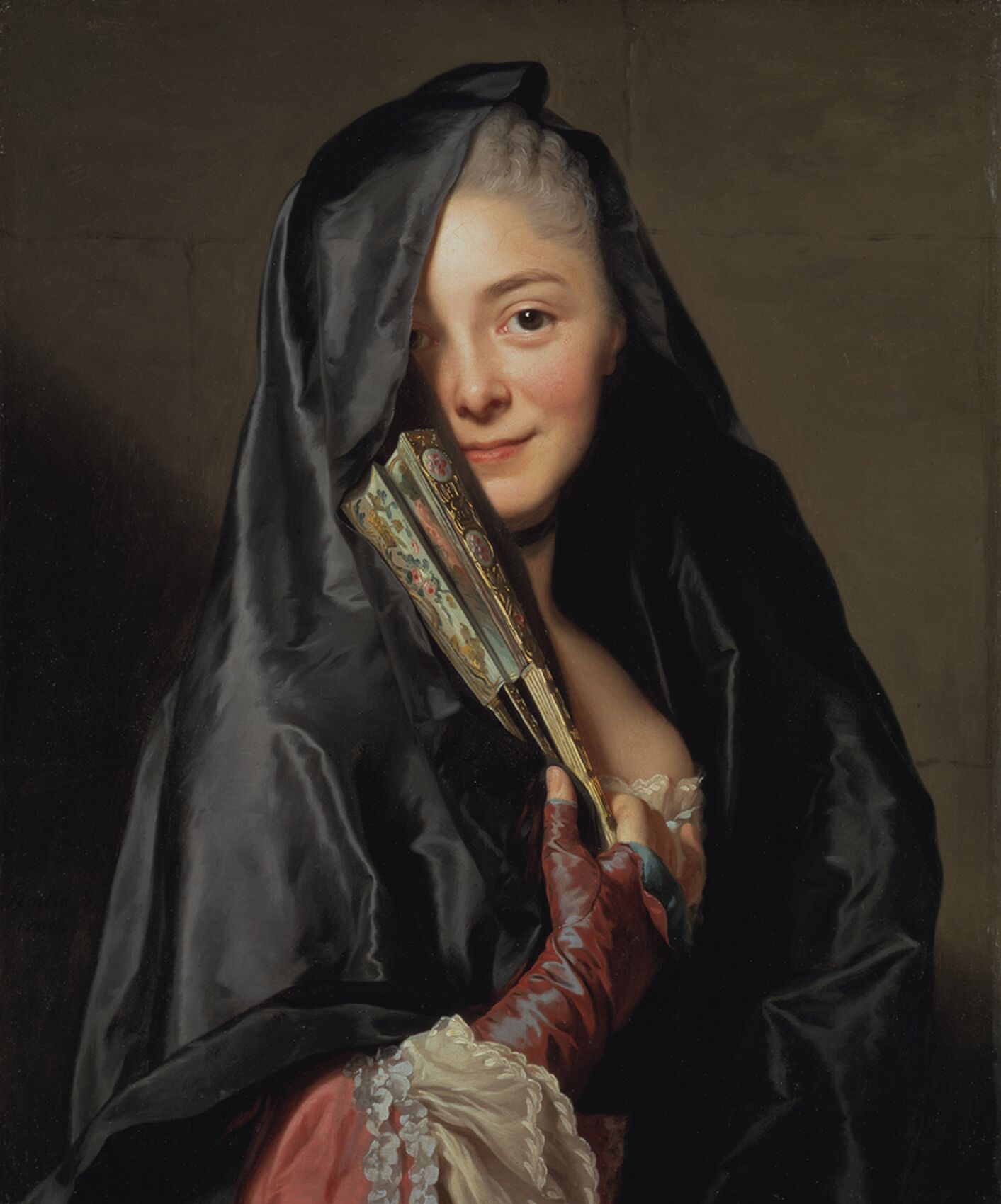 Portraying a lady with a veil covering half of her face.