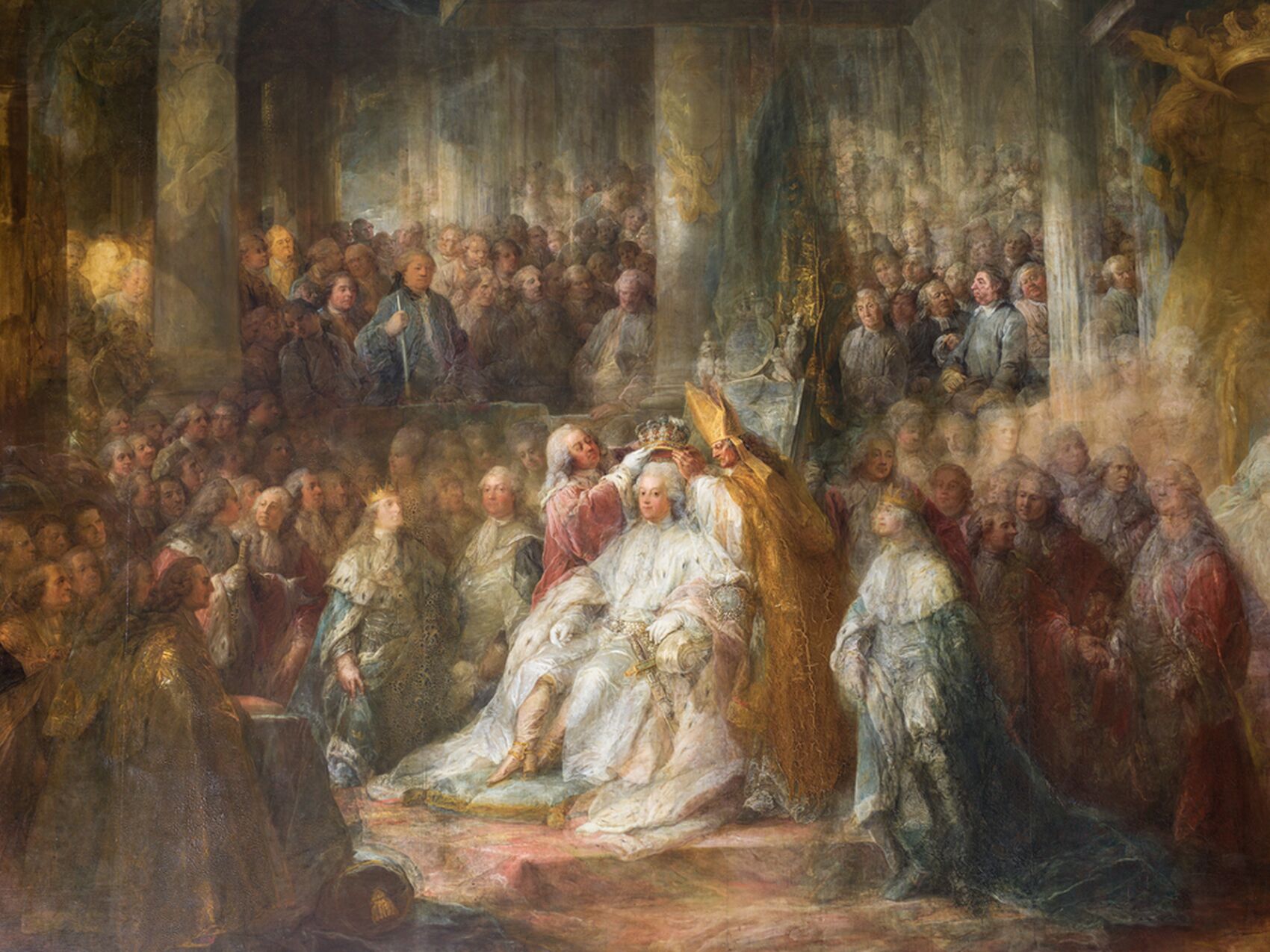 Lots of people in a room, surronding Gustav III of Sweden, the moment when he received the crown.