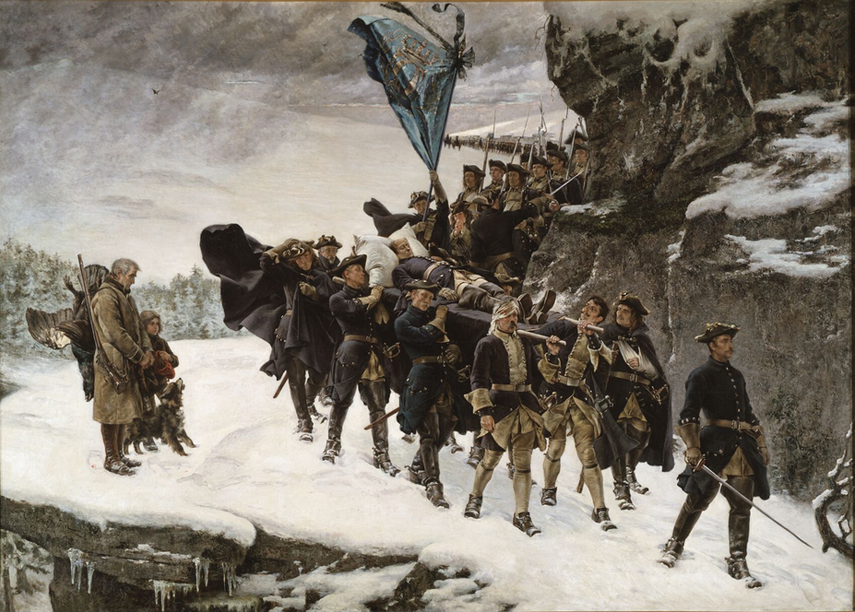 Soldiers carrying the body of King Karl XII of Sweden on a snow covered mountain.