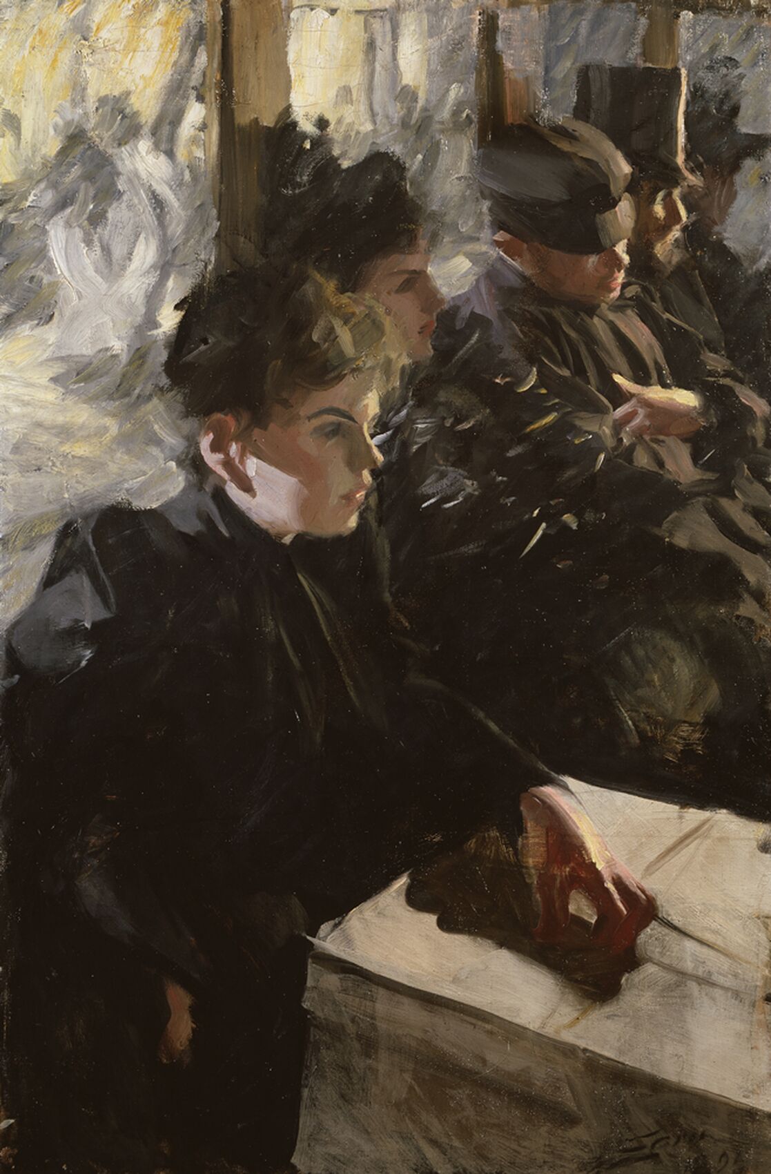 The image is a painting depicting a scene inside a dimly lit train or tram. In the foreground, a young person, wearing dark clothing, gazes intently out of a window with a somber expression. Their hand, resting on a white surface, is highlighted by the light. Behind them, other passengers, dressed in dark attire and hats, sit quietly, absorbed in their own thoughts. The brushstrokes are loose and dynamic, conveying a sense of motion and capturing the mood of quiet introspection among the travelers. The overall palette is dark, with contrasts of light and shadow creating a dramatic effect.