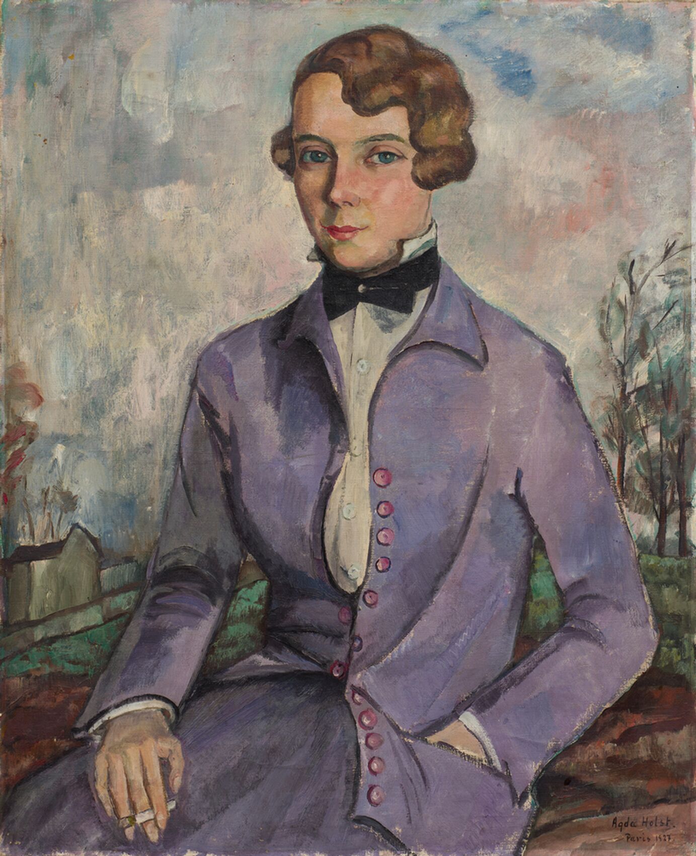 Woman sitting outside, wearing a purple suit.