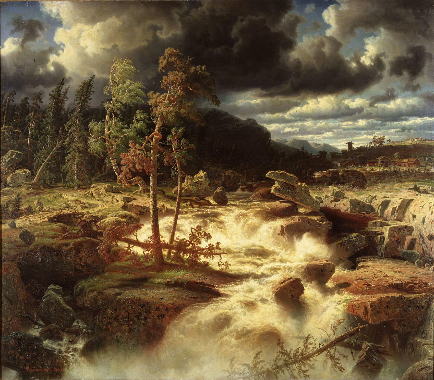 The image is a painting of a dramatic landscape featuring a turbulent river cascading over rocks. In the foreground, the water rushes violently, creating white frothy rapids. Tall, gnarled trees, with branches twisted by the force of nature, stand resiliently on the rocky banks. To the left, a path winds through the forest, leading towards the distant background where a village and mountains are visible under a sky filled with dark, ominous clouds. The play of light and shadow adds intensity to the scene, highlighting the power and majesty of the natural world.