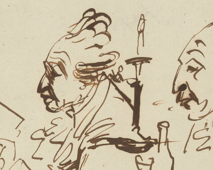 Skissartat tecknat porträtt föreställande en äldre man, Carl Micael Bellman, i profil.