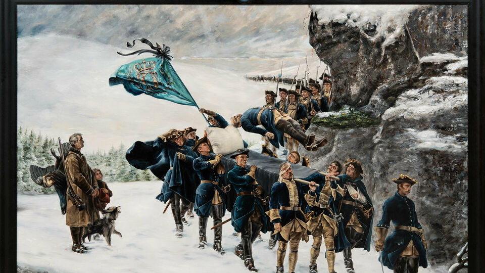 Nutida målning som utgår från målningen Karl XII:s likfärd. Ett tåg med soldater bär den döde kungen, som svävar en bit ovanför sin bår.