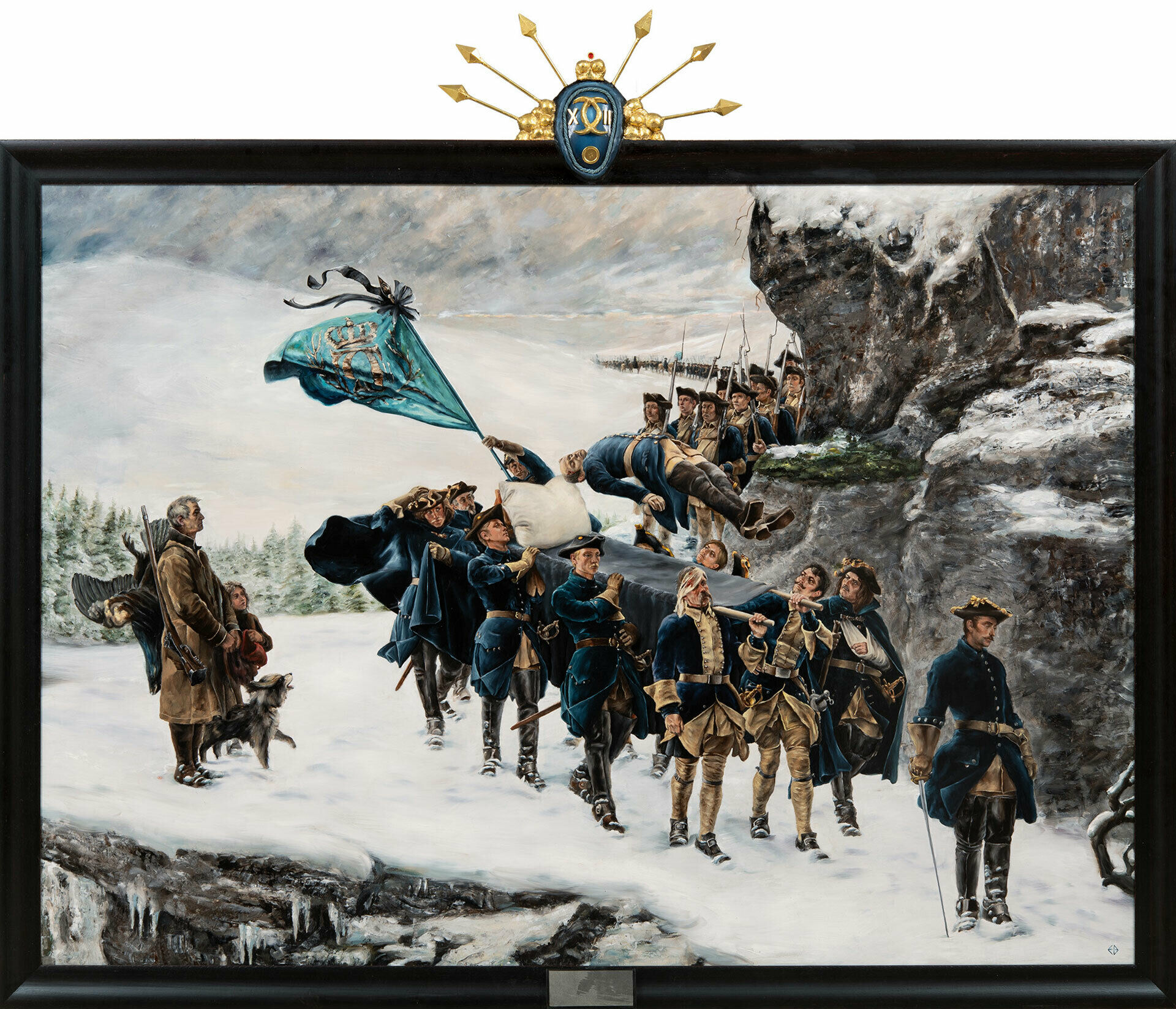 Nutida målning som utgår från målningen Karl XII:s likfärd. Ett tåg med soldater bär den döde kungen, som svävar en bit ovanför sin bår.