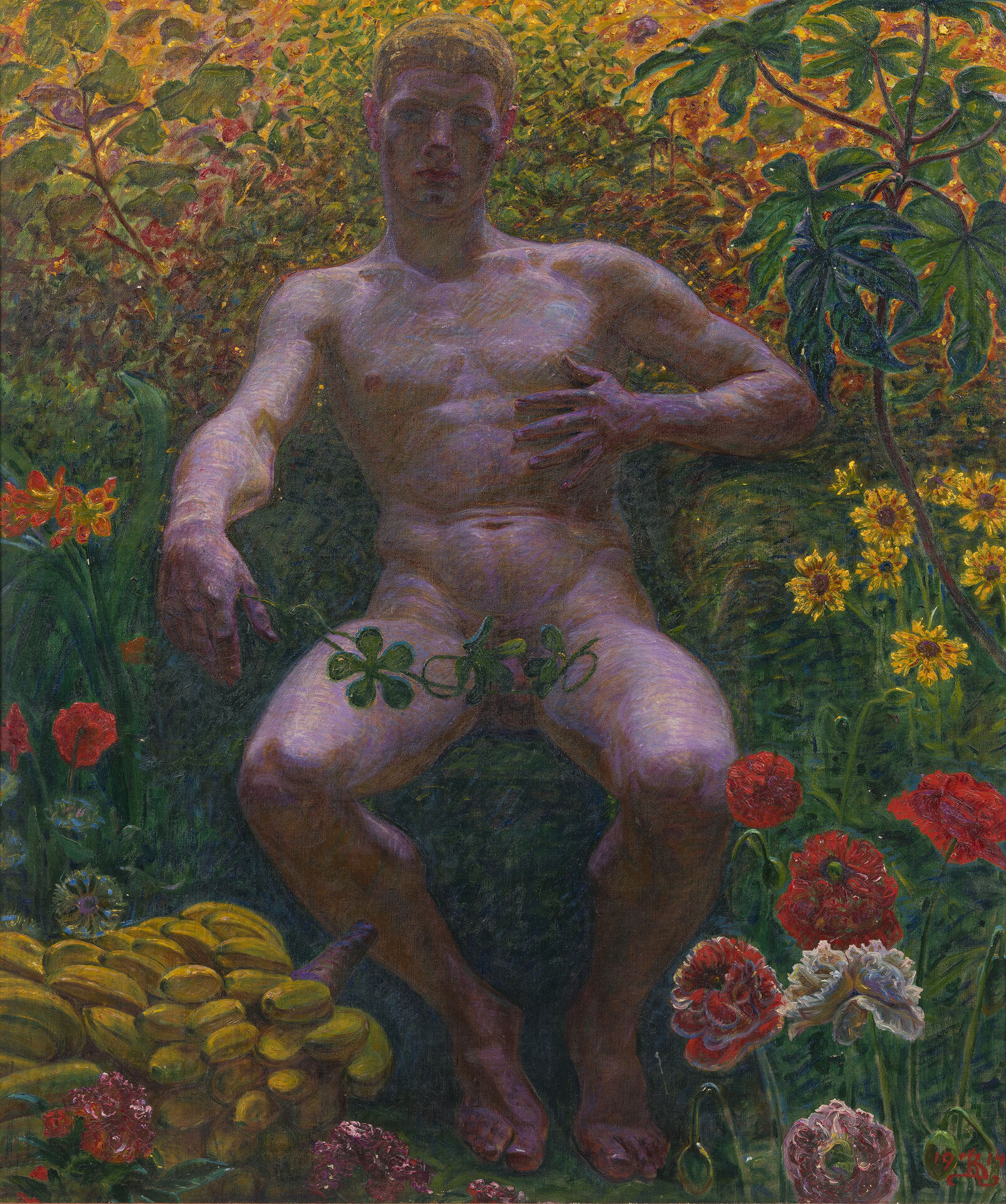 Mansfigur坐在naken i naturen。