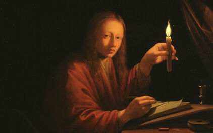 1600-talsmålning föreställande en ung man som sitter vid ett bord och skriver o skenet av ett ljusö