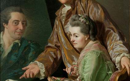1700-talsmålning föreställande en kvinna som sitter vid ett bord och målar med pastellkritor. Bredvid henne står en man. Intill dem ett staffli med ett porträtt av en man.