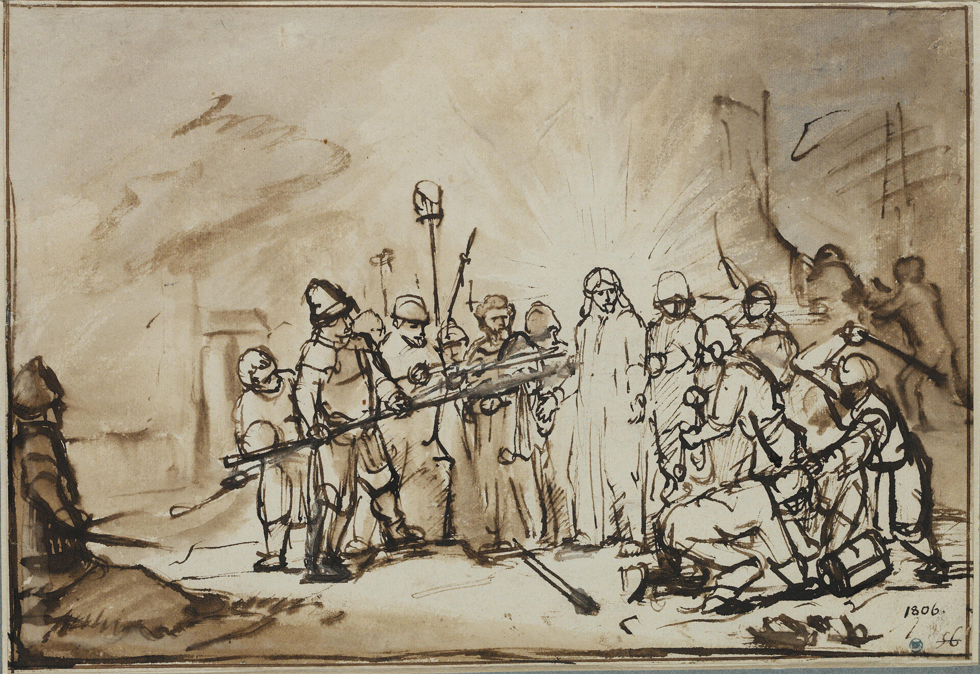 Rembrandt Harmensz. van Rijn, Kristi fängslande. Utförd cirka 1659–1660, pennteckning och lavering i brunt och grått på papper.